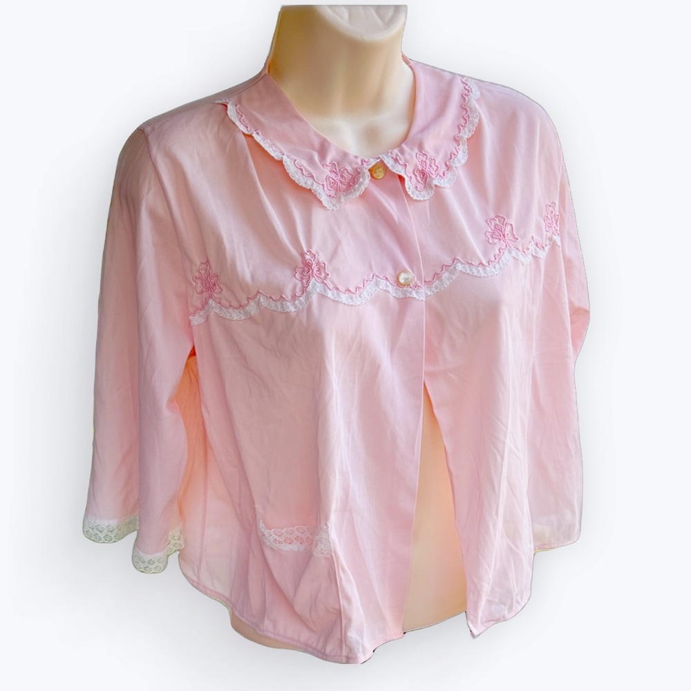 Grandmacore Soft Girl Pink Embroidered Lace-Trimmed Vintage Lingerie Button Top
